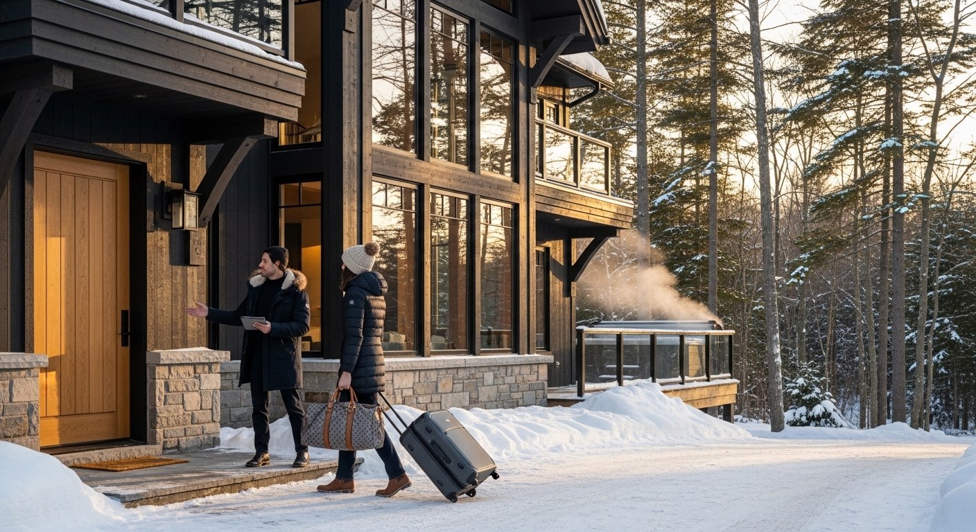 Guest arriving at a Mont-Tremblant chalet while property manager assists with check-in