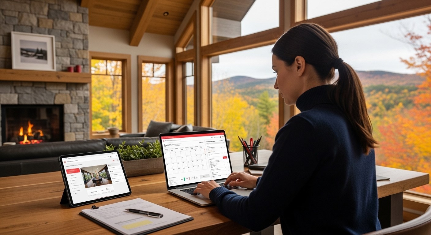 Short term rental manager reviewing Airbnb booking calendar and pricing for a Mont-Tremblant chalet property