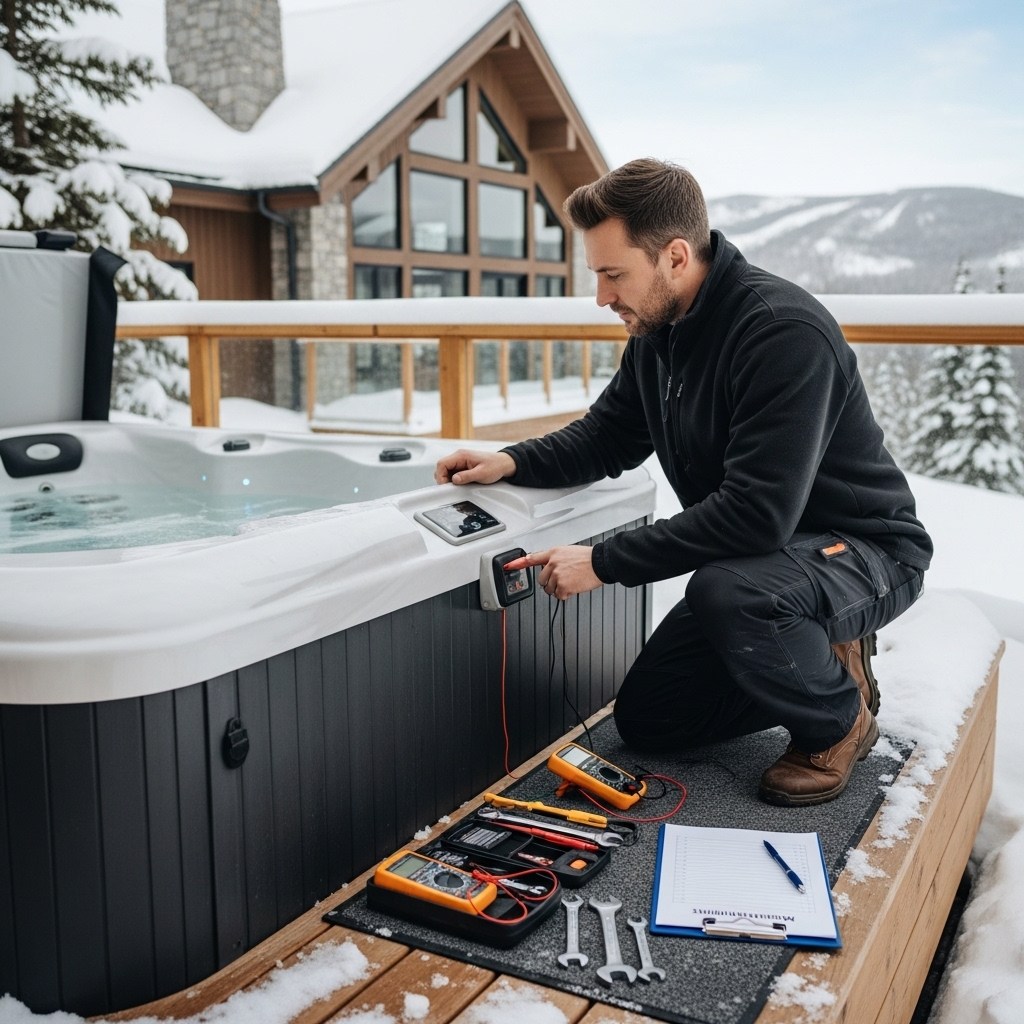 Professional inspecting hot tub system during chalet maintenance visit.