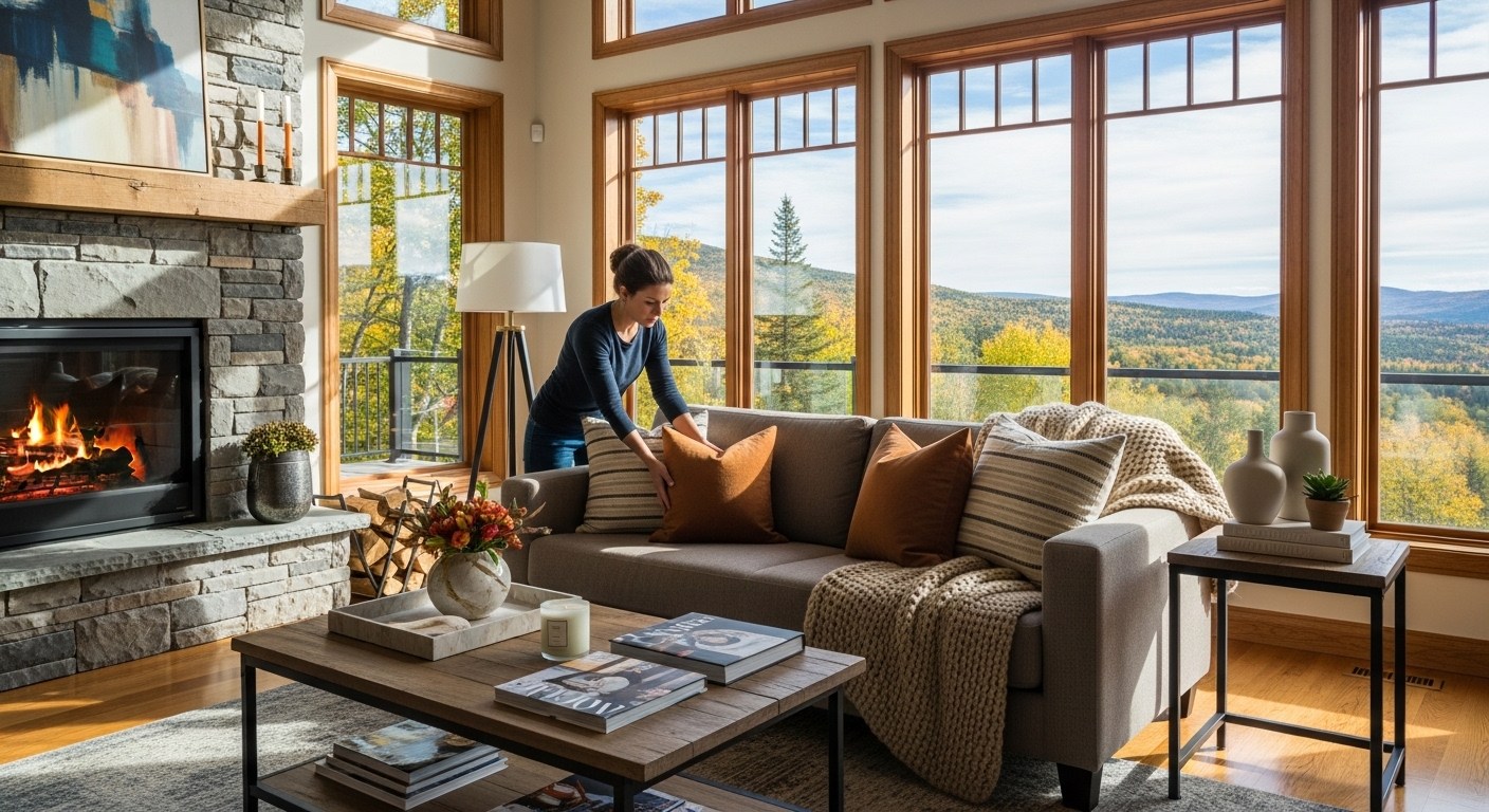 Luxury Mont-Tremblant chalet interior being prepared and staged for an Airbnb listing launch