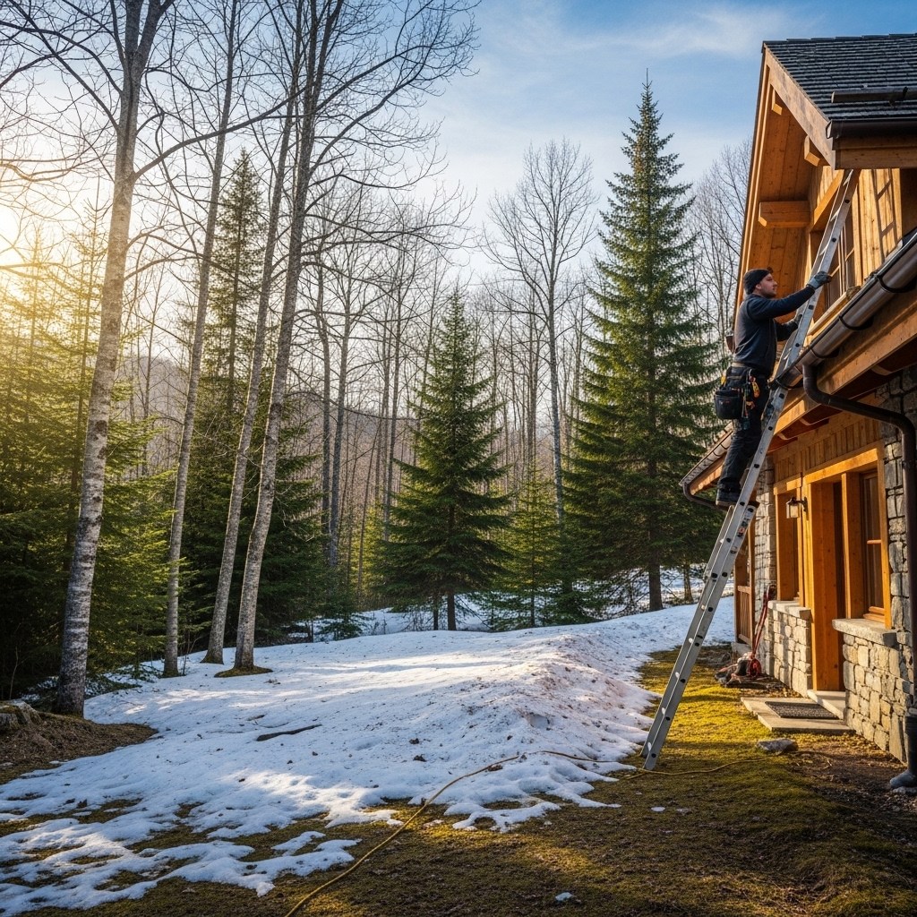 Quiet luxury chalet in the Laurentians showing well maintained mountain property.