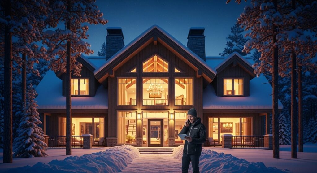 Property manager providing guest support outside a luxury chalet in Mont-Tremblant during winter representing 24/7 Airbnb communication and local support