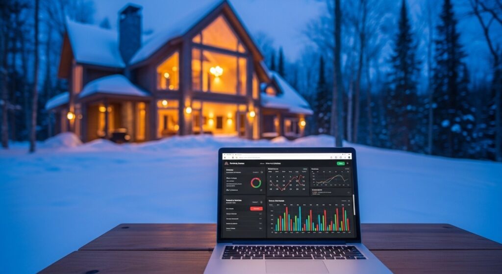Luxury Mont-Tremblant chalet with laptop showing Airbnb revenue analysis representing short term rental profitability evaluation