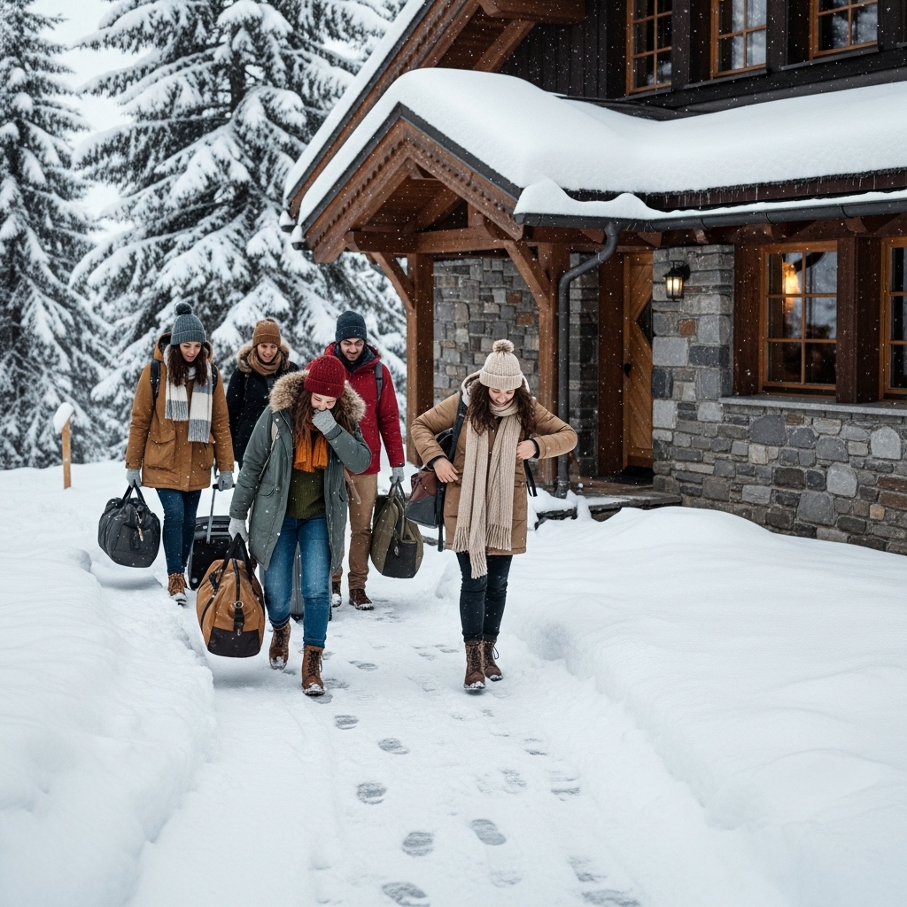 Guests arriving at chalet using cleared snow walkway with luggage in winter