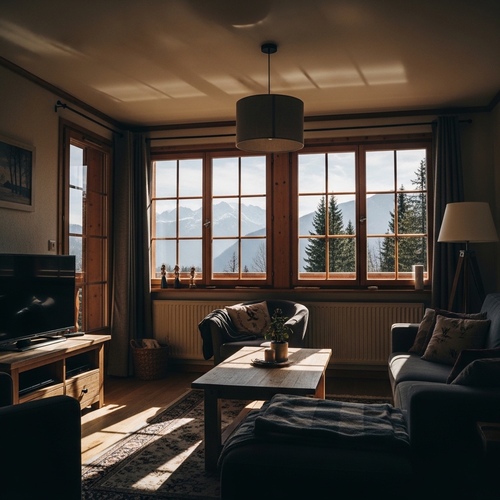Bright chalet living room with clean windows letting in natural light and clear outdoor views