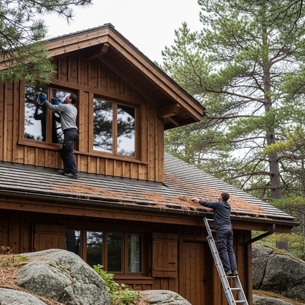 Chalet exterior with ongoing maintenance like window or gutter cleaning