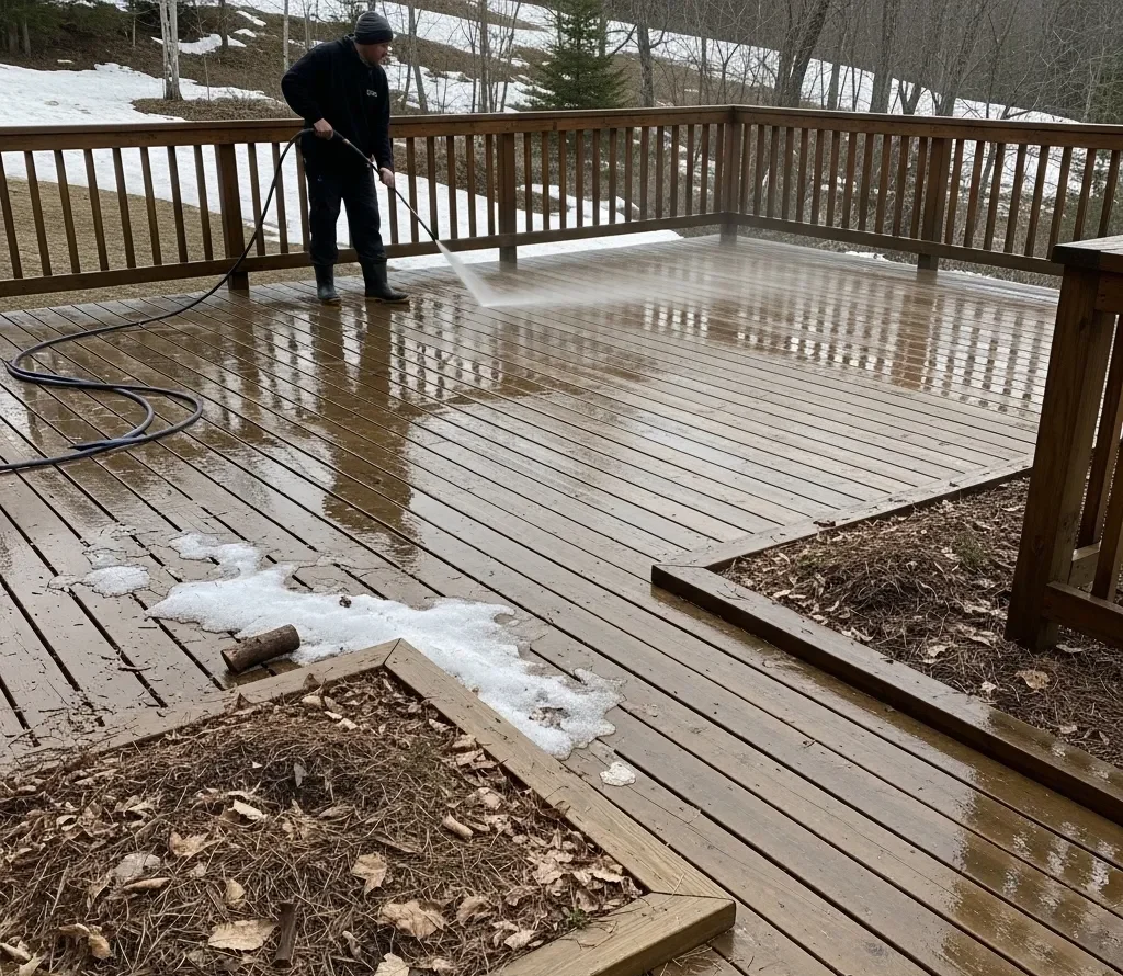 Local deck pressure washing service worker carrying equipment at chalet
