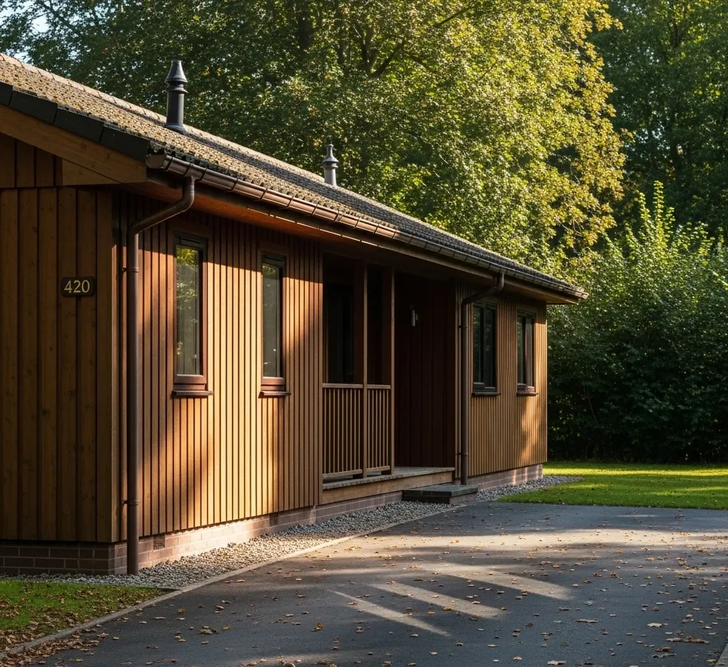 Chalet with clean gutters during seasonal transition in spring or autumn