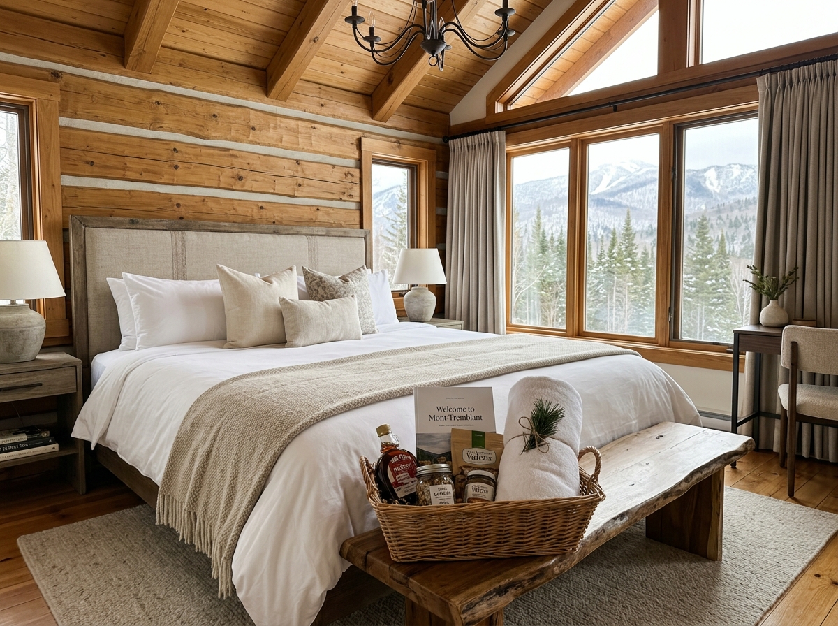 Immaculate luxury chalet bedroom turnover with fresh white linens and local Quebec welcome gift basket