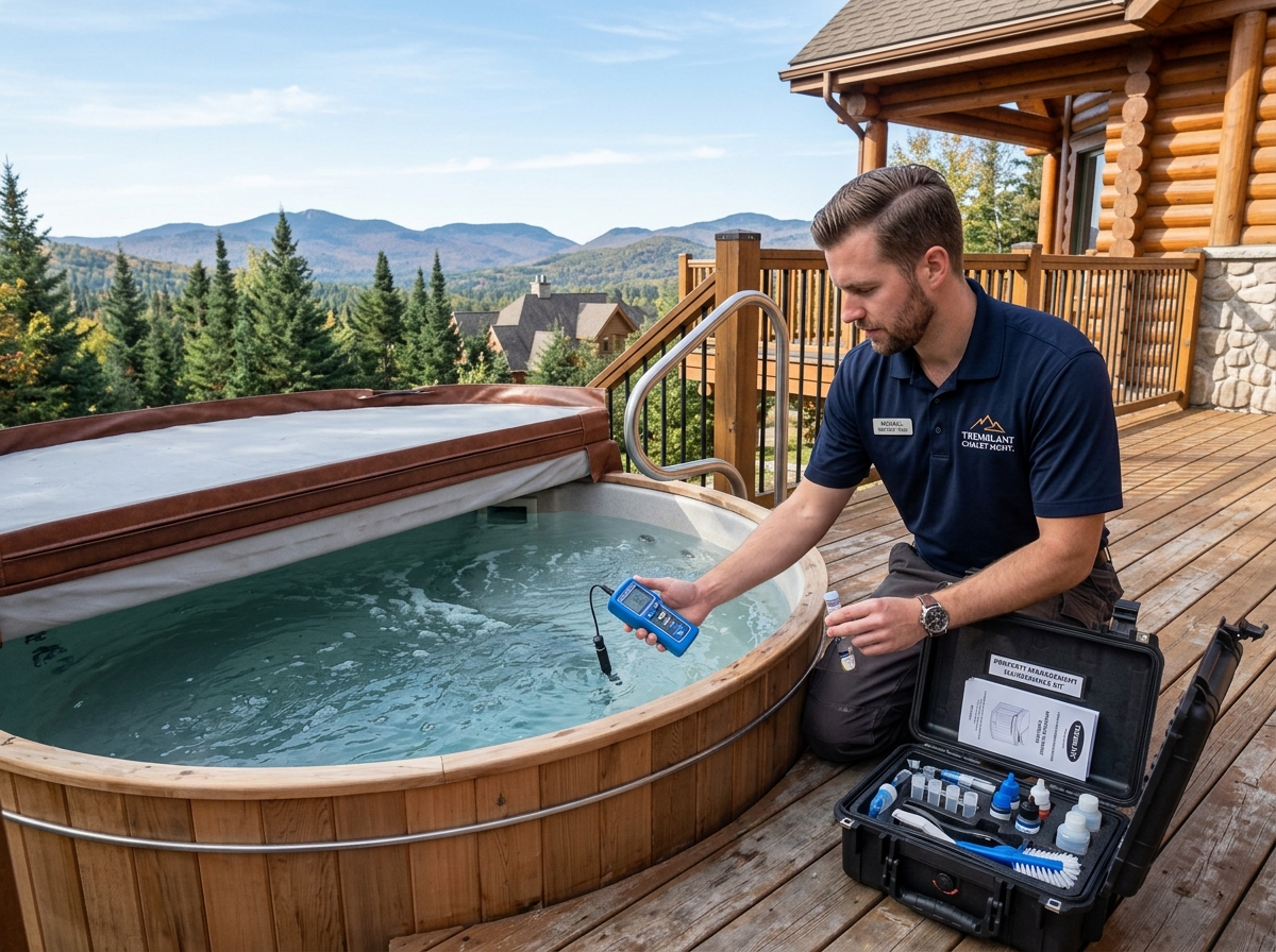 Certified technician performing hot tub spa water balance and maintenance at Mont-Tremblant chalet
