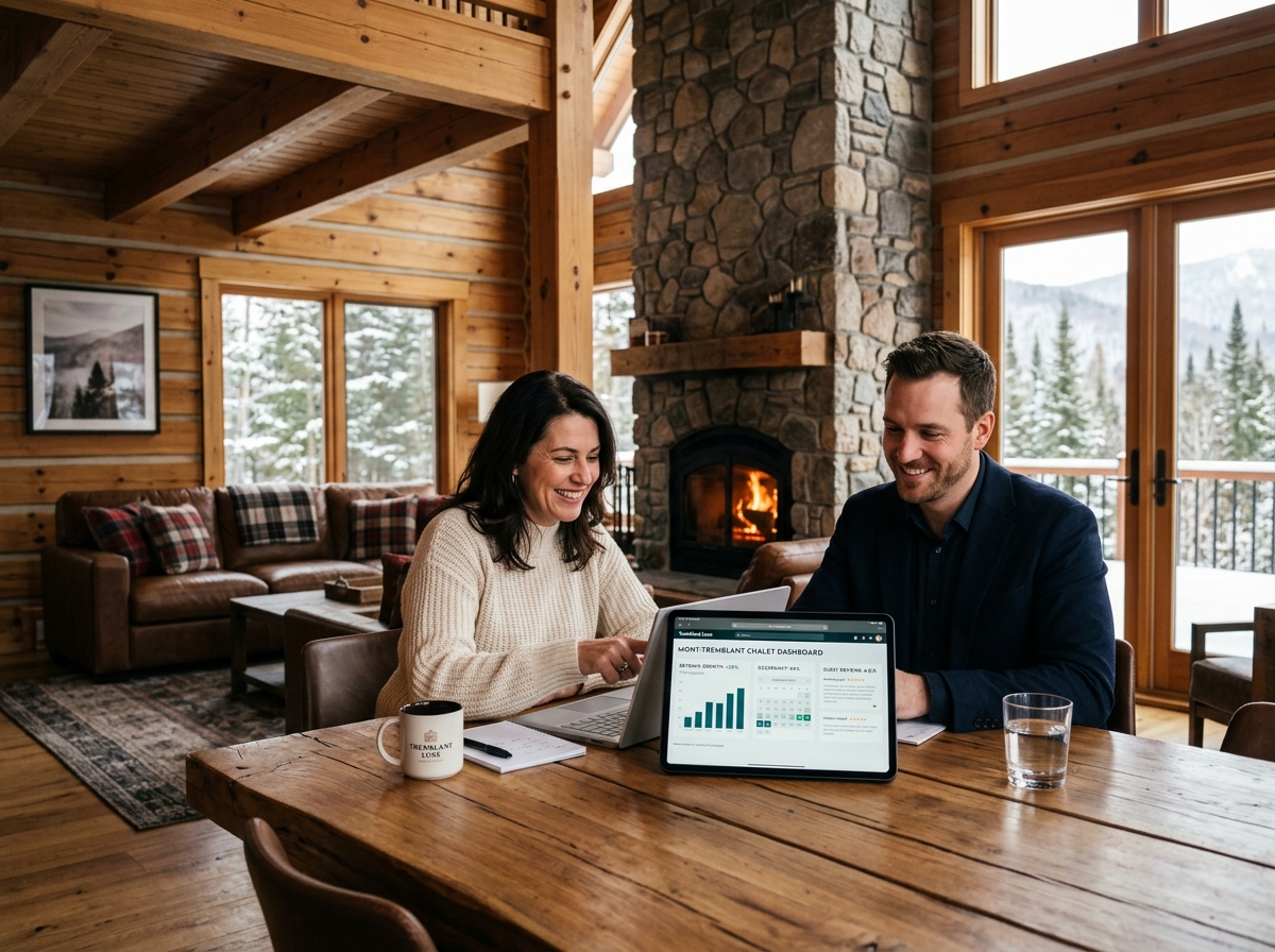 Chalet owners reviewing dynamic pricing and rental booking revenue analytics with Gestion V manager